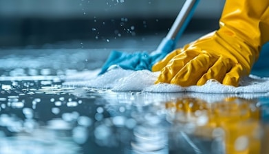 A person in yellow gloves and blue gloves cleaning a floor