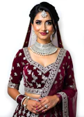 A woman in a red and white bridal outfit