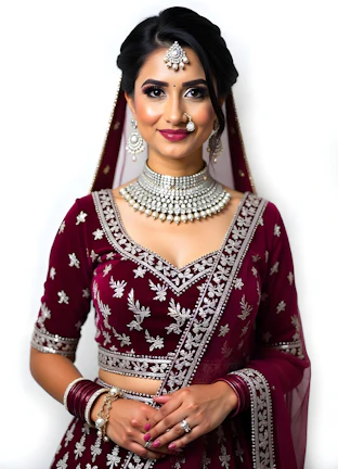 A woman in a red and white bridal outfit
