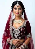 A woman in a red and white bridal outfit