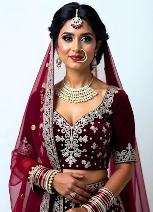 A woman in a red and white bridal outfit