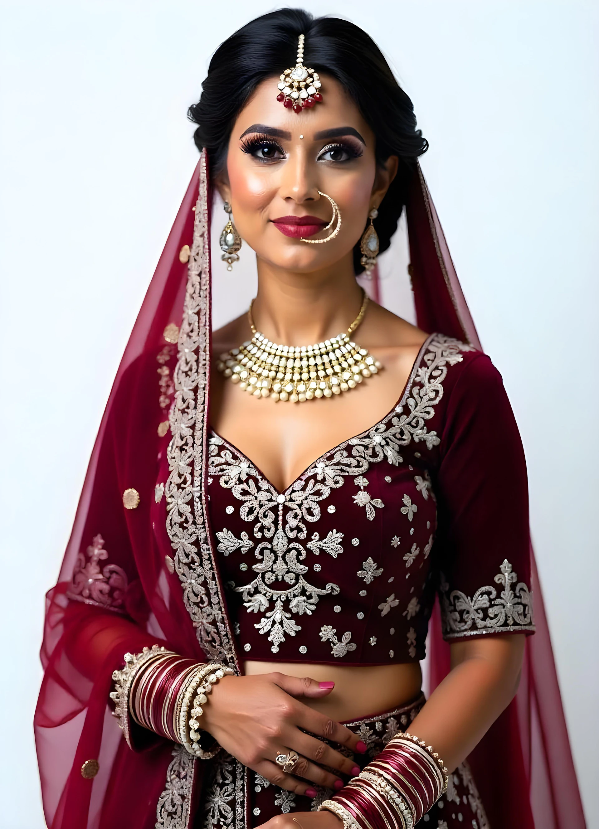 Bride in a wine velvet lehenga with heavy kundan jewellery
