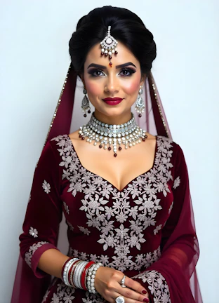 A woman wearing a red and white outfit and jewelry