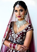 A woman wearing a red and white bridal outfit