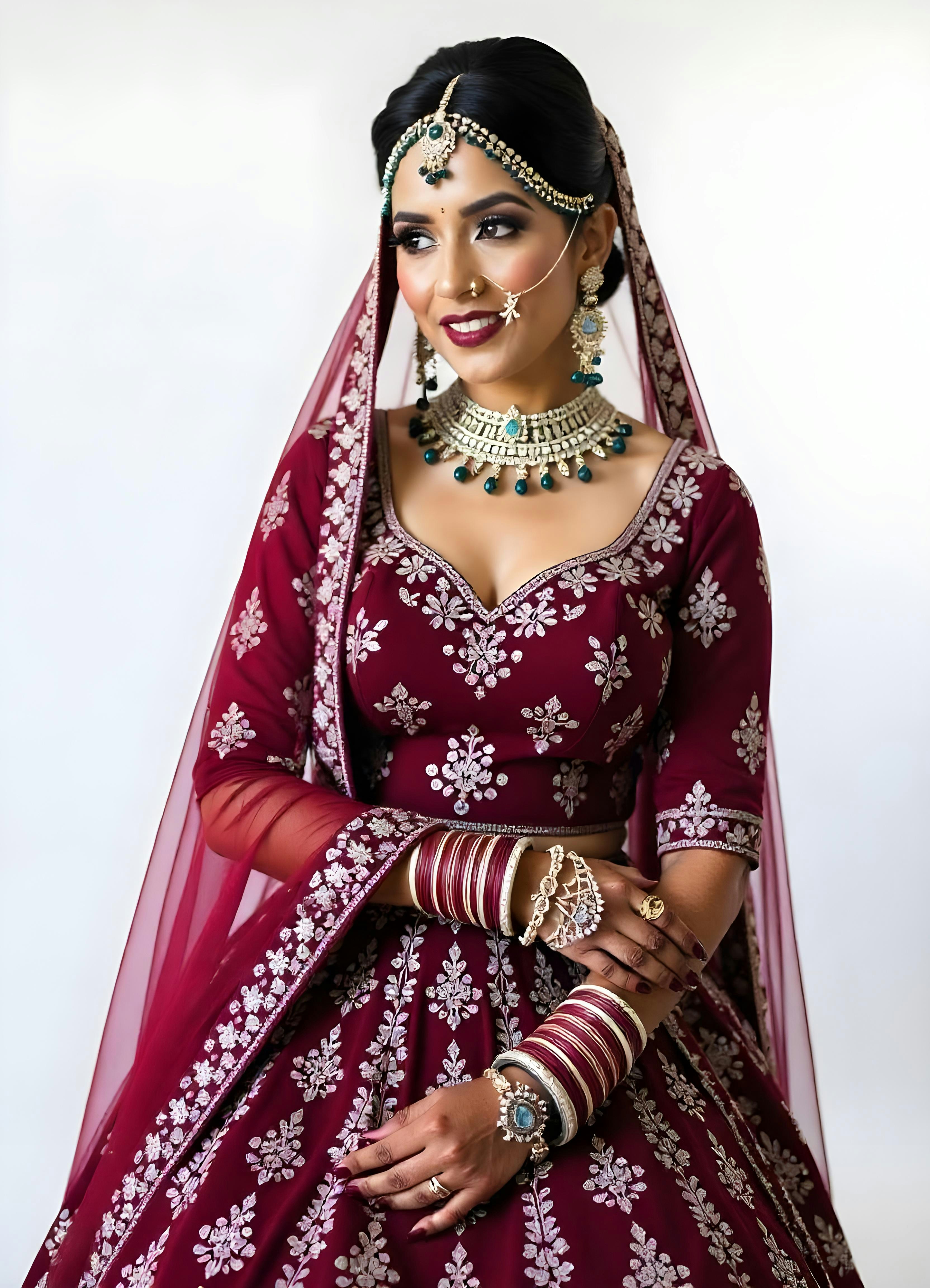 A woman in a red and white wedding outfit