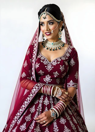 A woman in a red and white wedding outfit