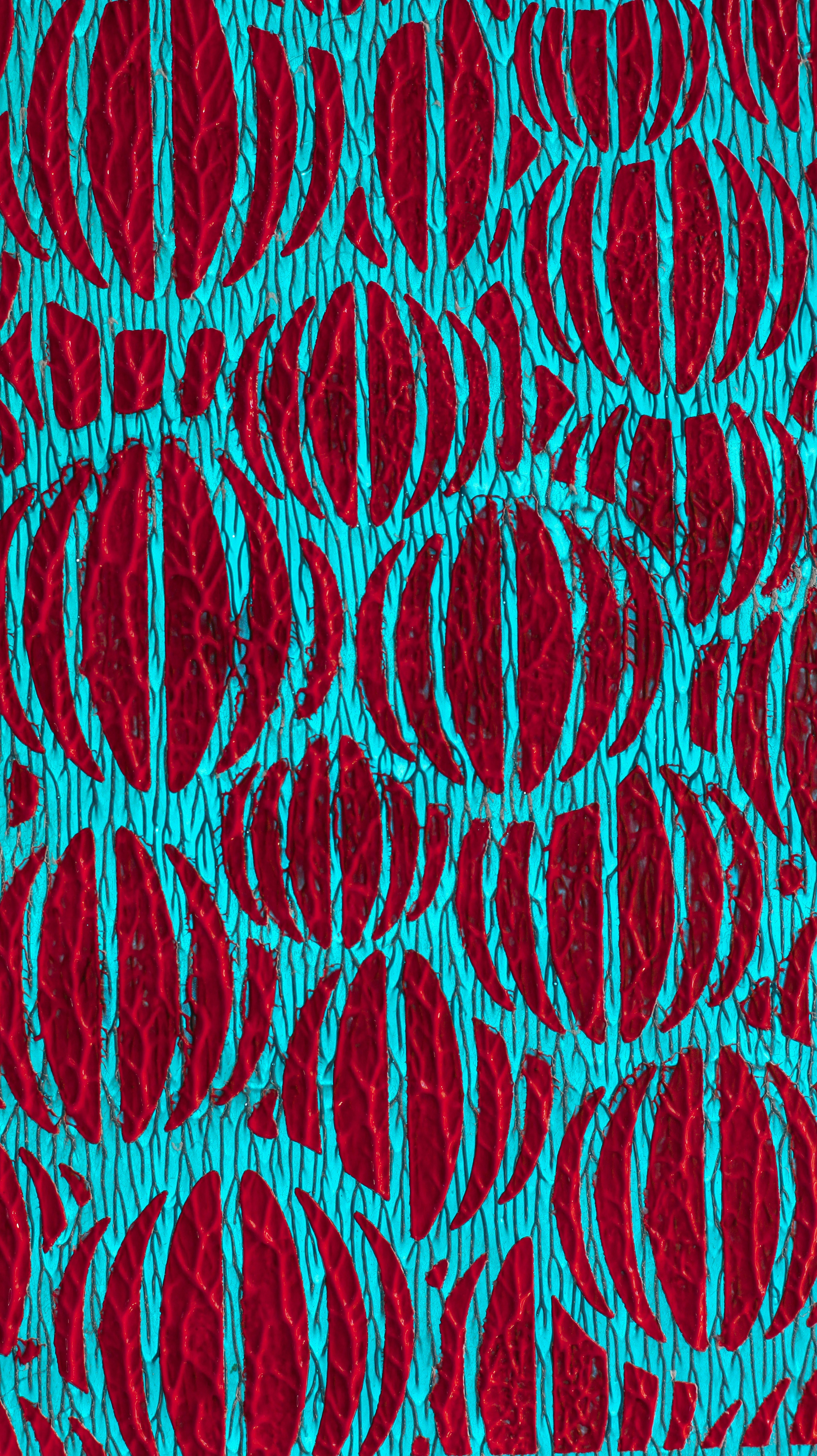 A red and blue background with circles