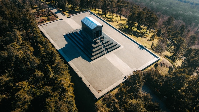 An aerial view of a building in the middle of a forest