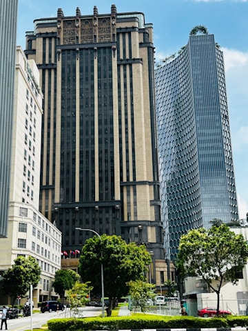 A city street with a lot of tall buildings