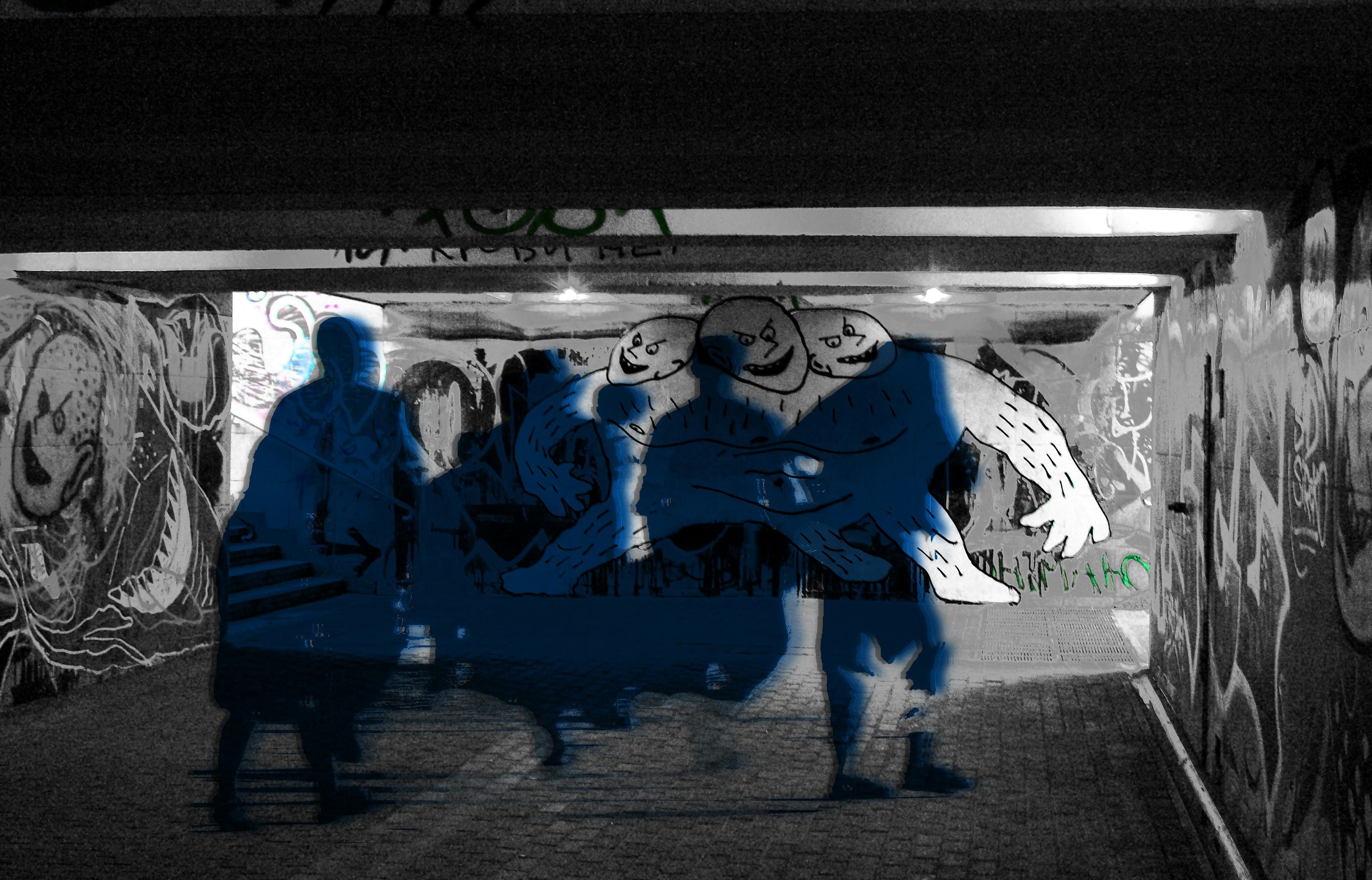 A black and white photo of people walking in a tunnel