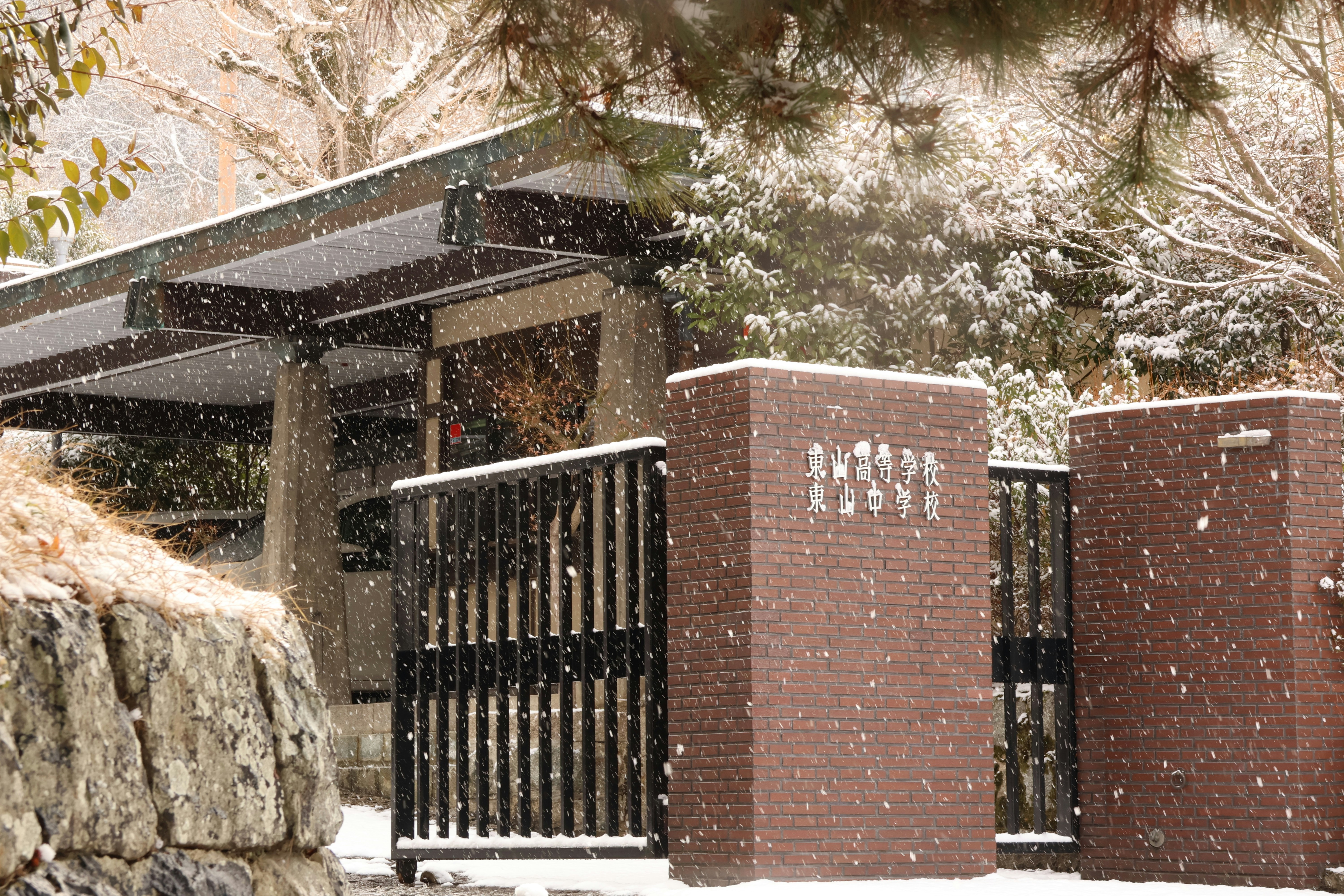 A snow covered park with a fence and trees
