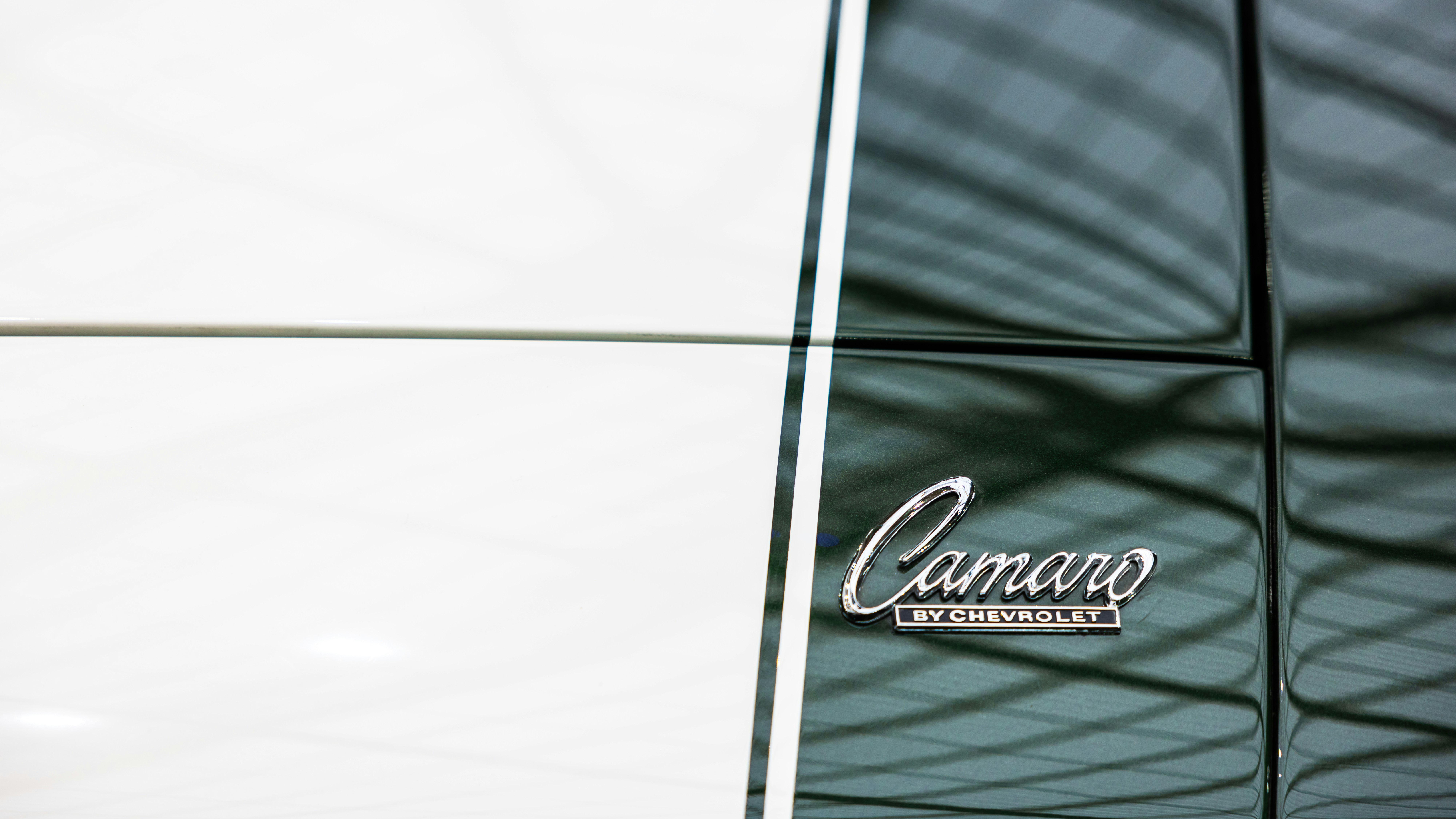 Classic script Camaro badge on a first-gen body panel directly supports the section