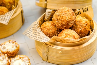 A close up of a basket of food on a table