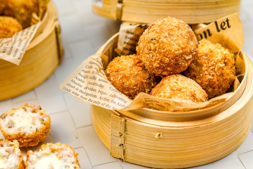 A close up of a basket of food on a table