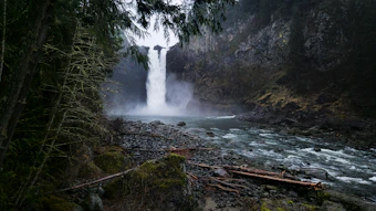 A large waterfall in the middle of a forest