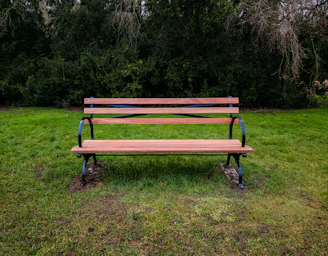 A wooden bench sitting in the middle of a field