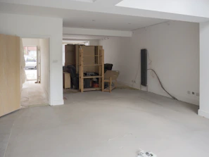 An empty room with a white wall and a wooden door