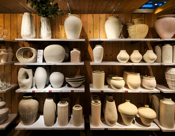 A display case filled with lots of white vases