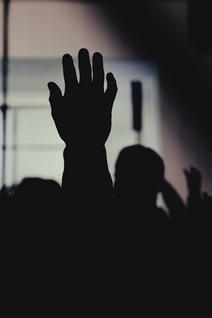 A crowd of people with their hands up in the air