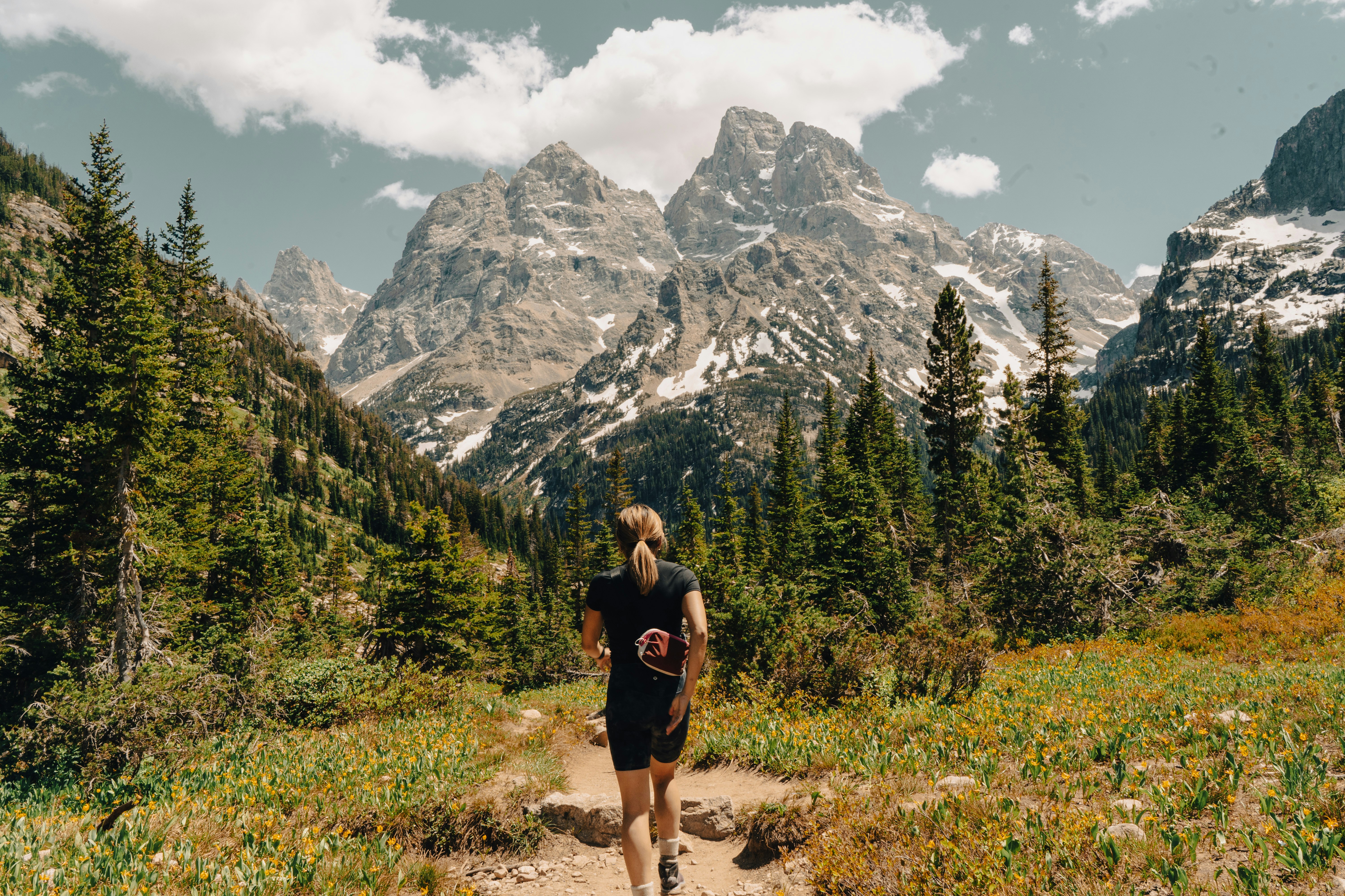 Woman hikes toward majestic snow-capped mountains