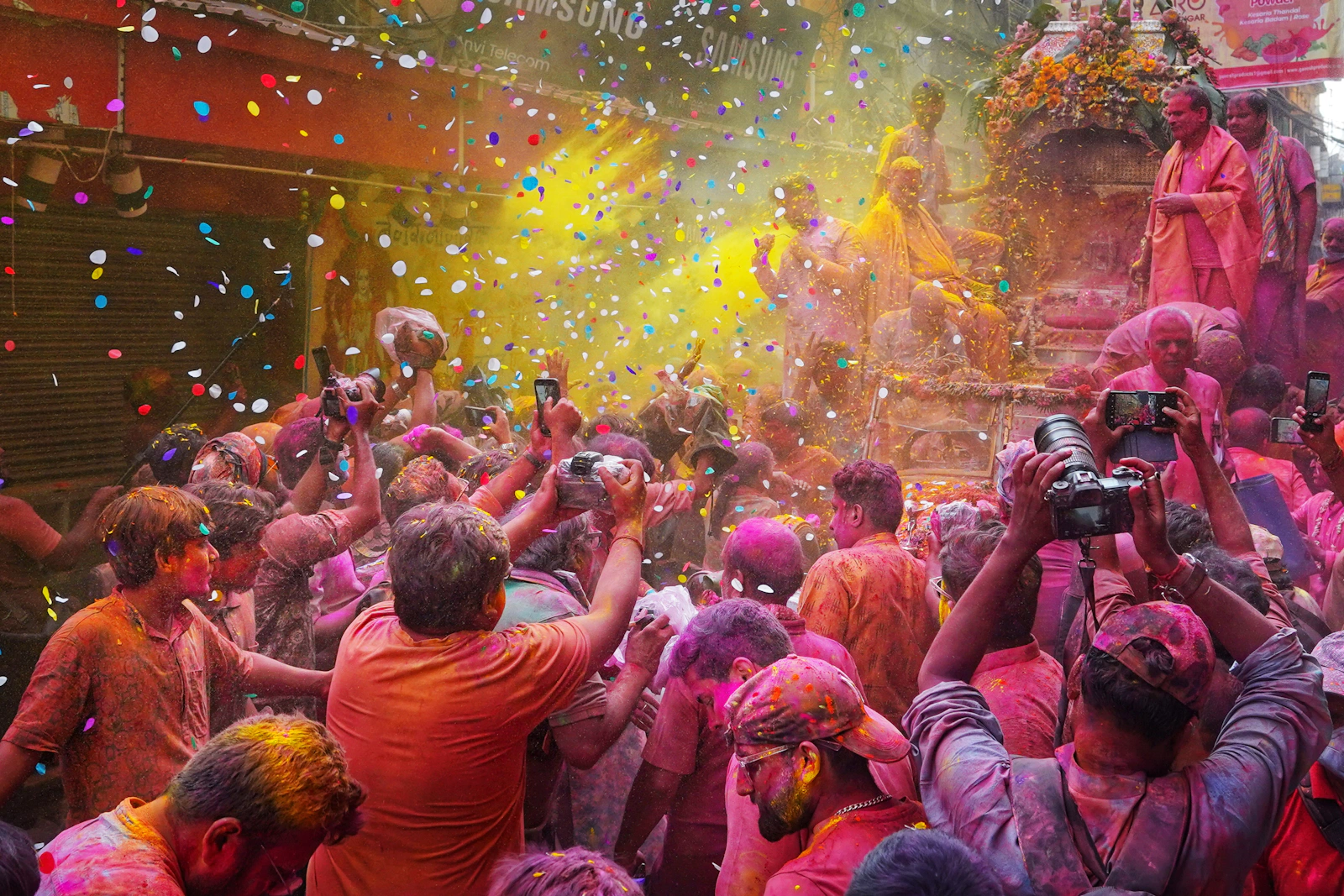People celebrating Holi on an Indian street