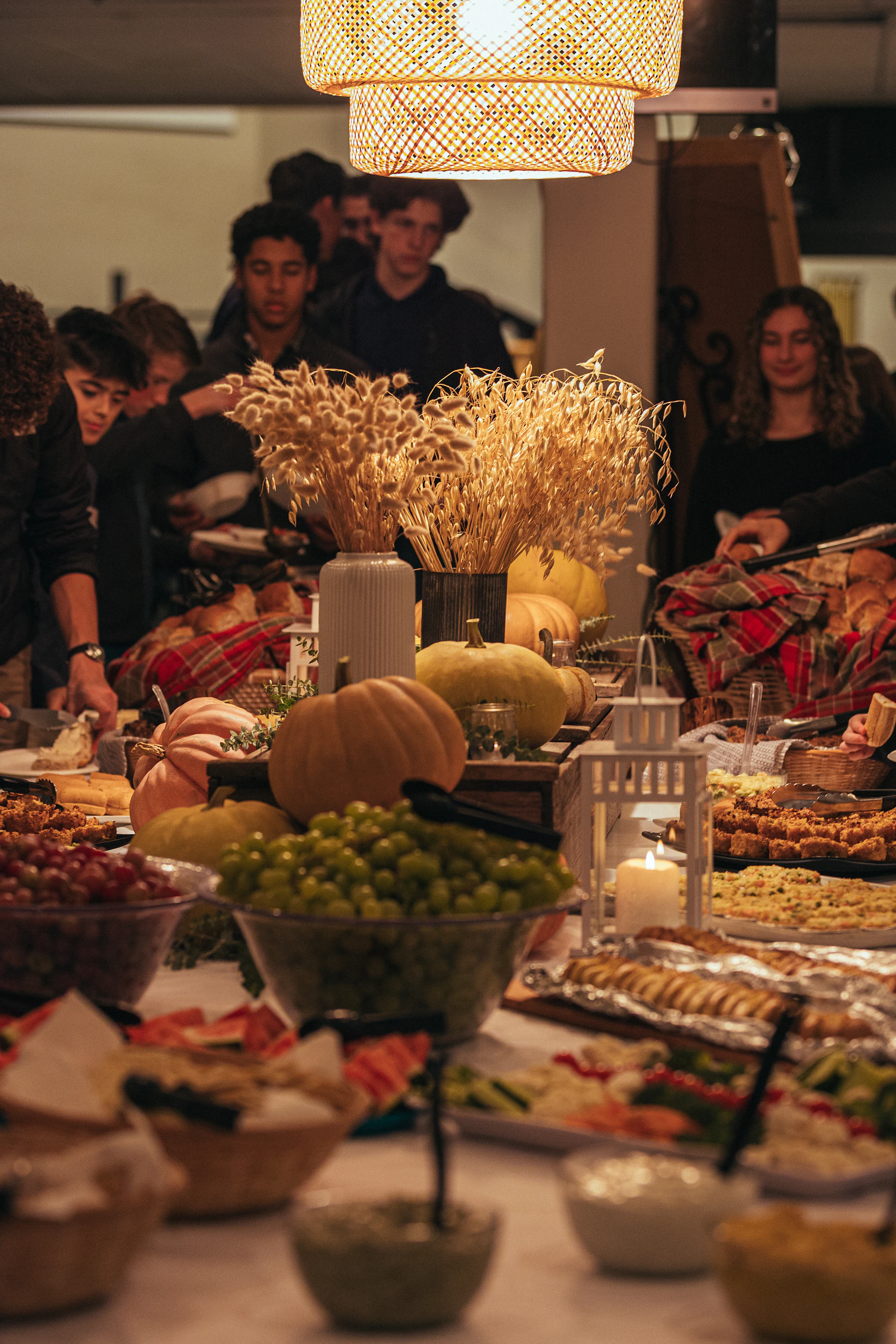 A festive table full of thanksgiving food.