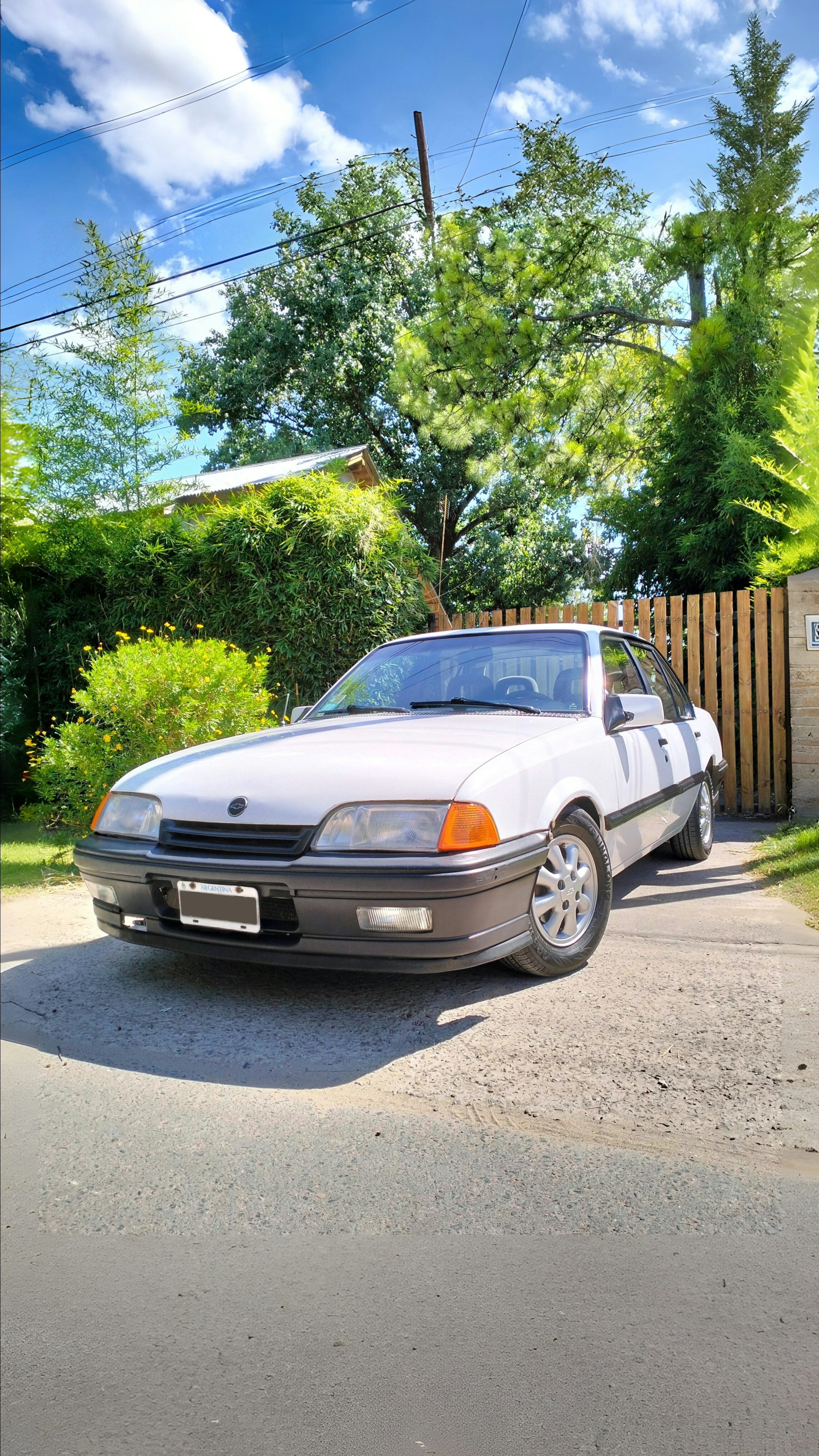 A white classic car parked on a driveway