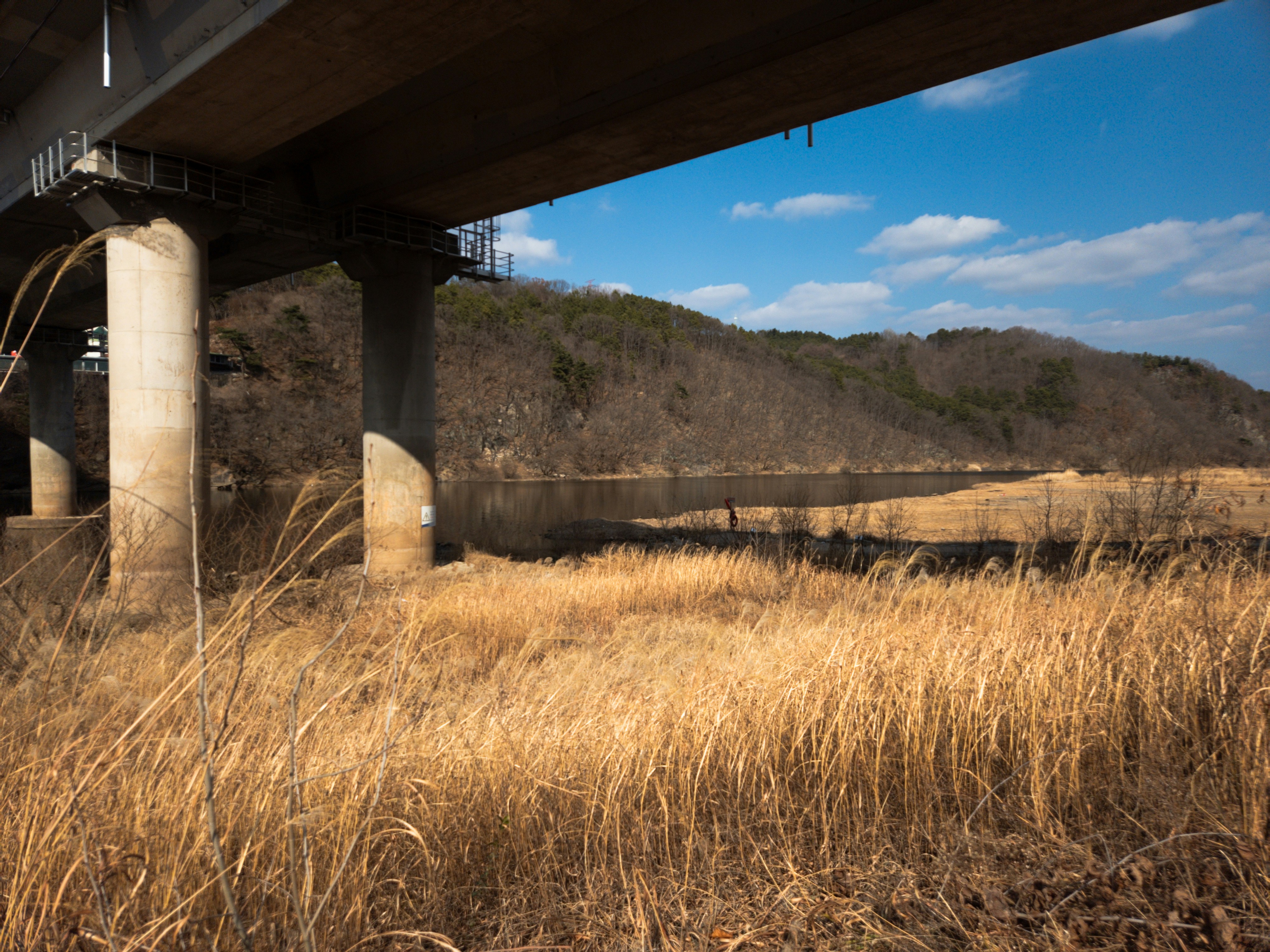 Underneath a bridge, the sun shines on fields.