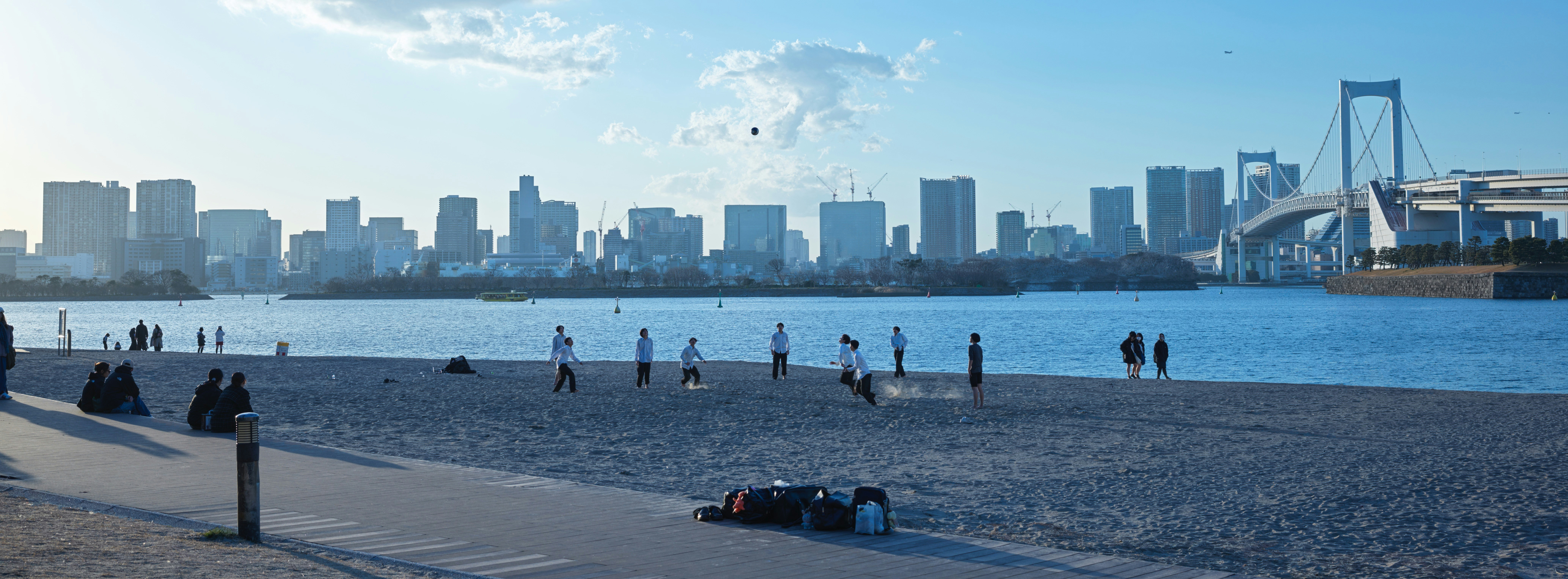橋とビーチのある街のスカイラインの景色。
