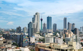 A view of a city with tall buildings