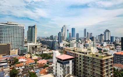 A view of a city with tall buildings
