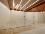 Here's a caption: an empty squash court with glass walls.