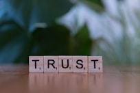 A wooden block spelling trust on a table