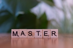 A wooden block spelling the word master on a table
