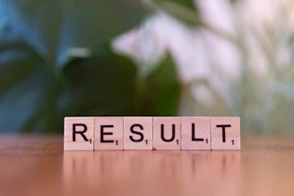 A wooden block spelling the word result on a table