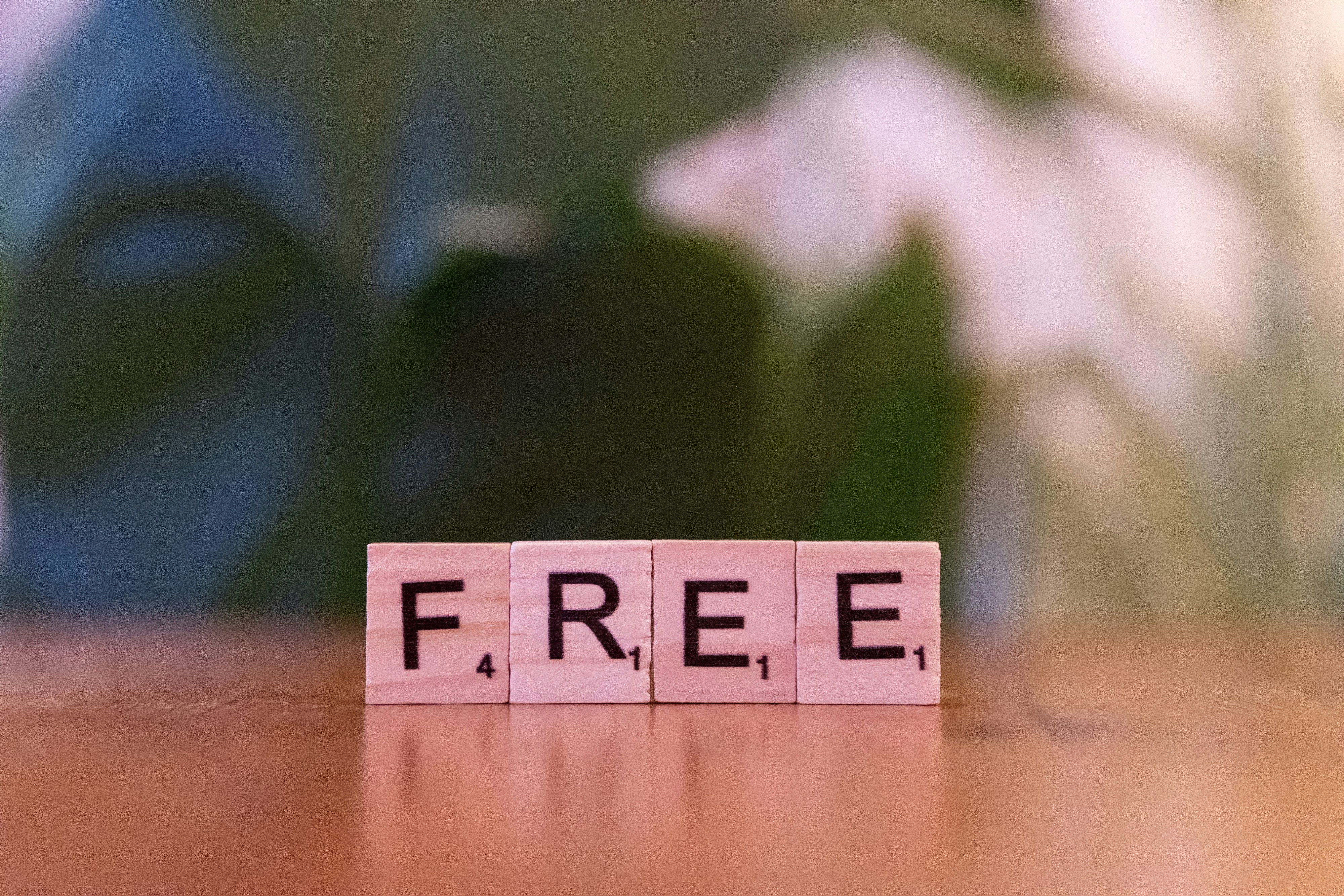 A wooden block that says free sitting on a table