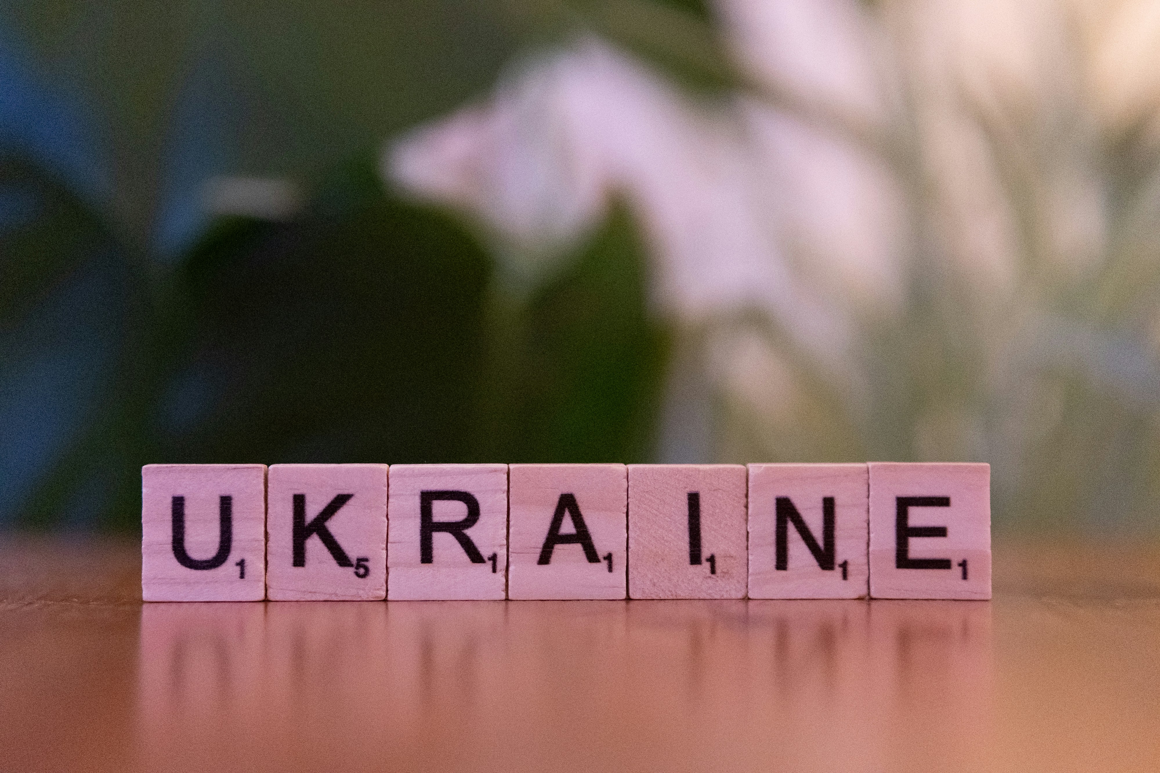 Wooden blocks spell 'Ukraine' on table