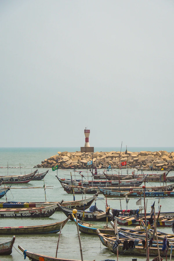 Ghana fishing harbour with colourful boats — West Africa expedition