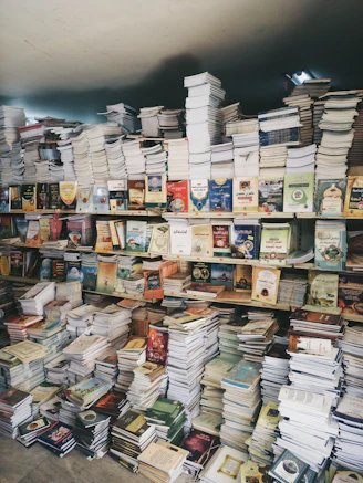 Bookshelves are overflowing with a massive book collection.