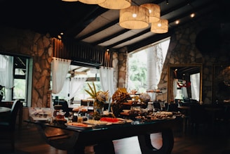 An elegant interior of a restaurant with food.
