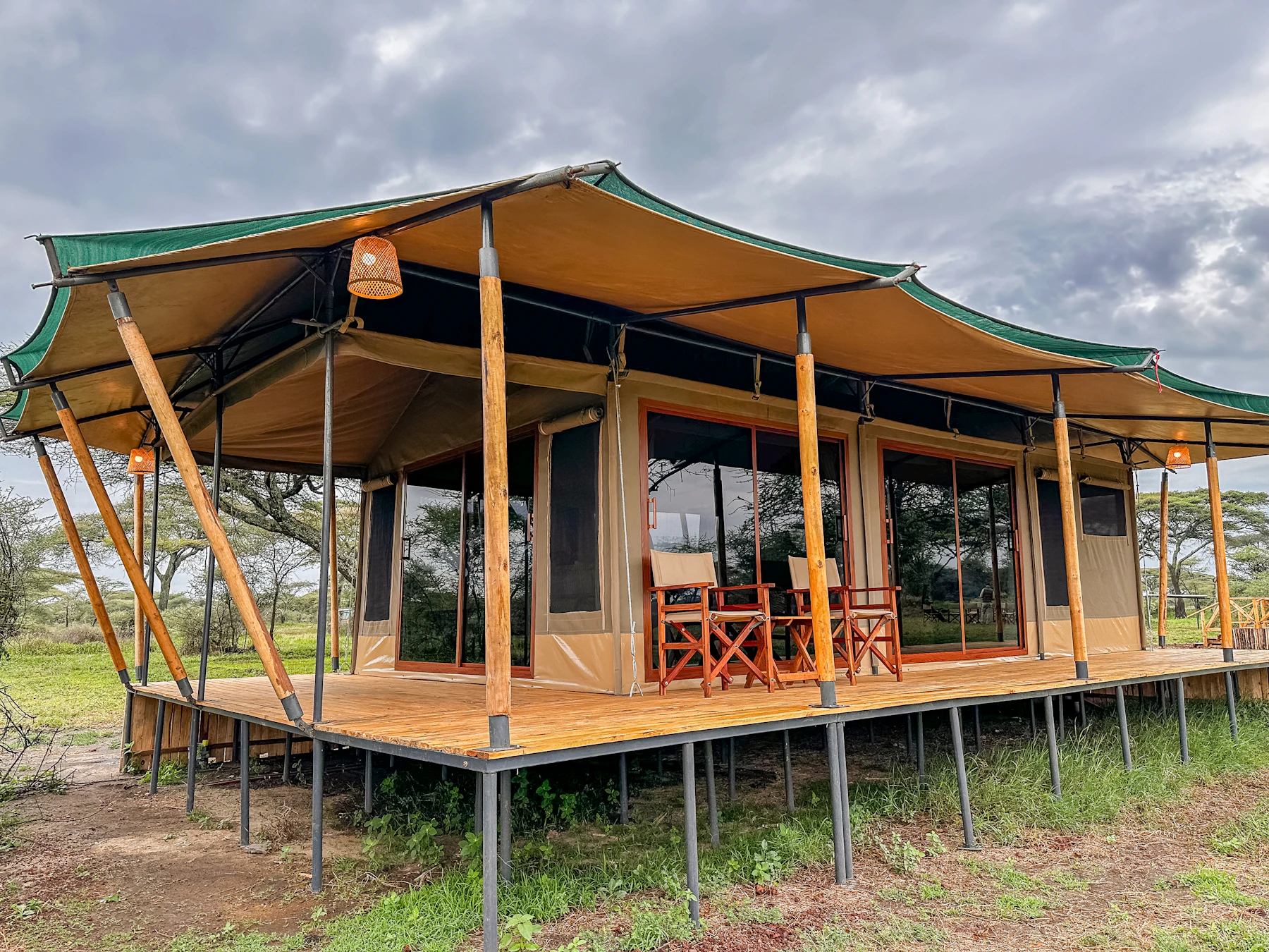 Safari tent camp under open sky