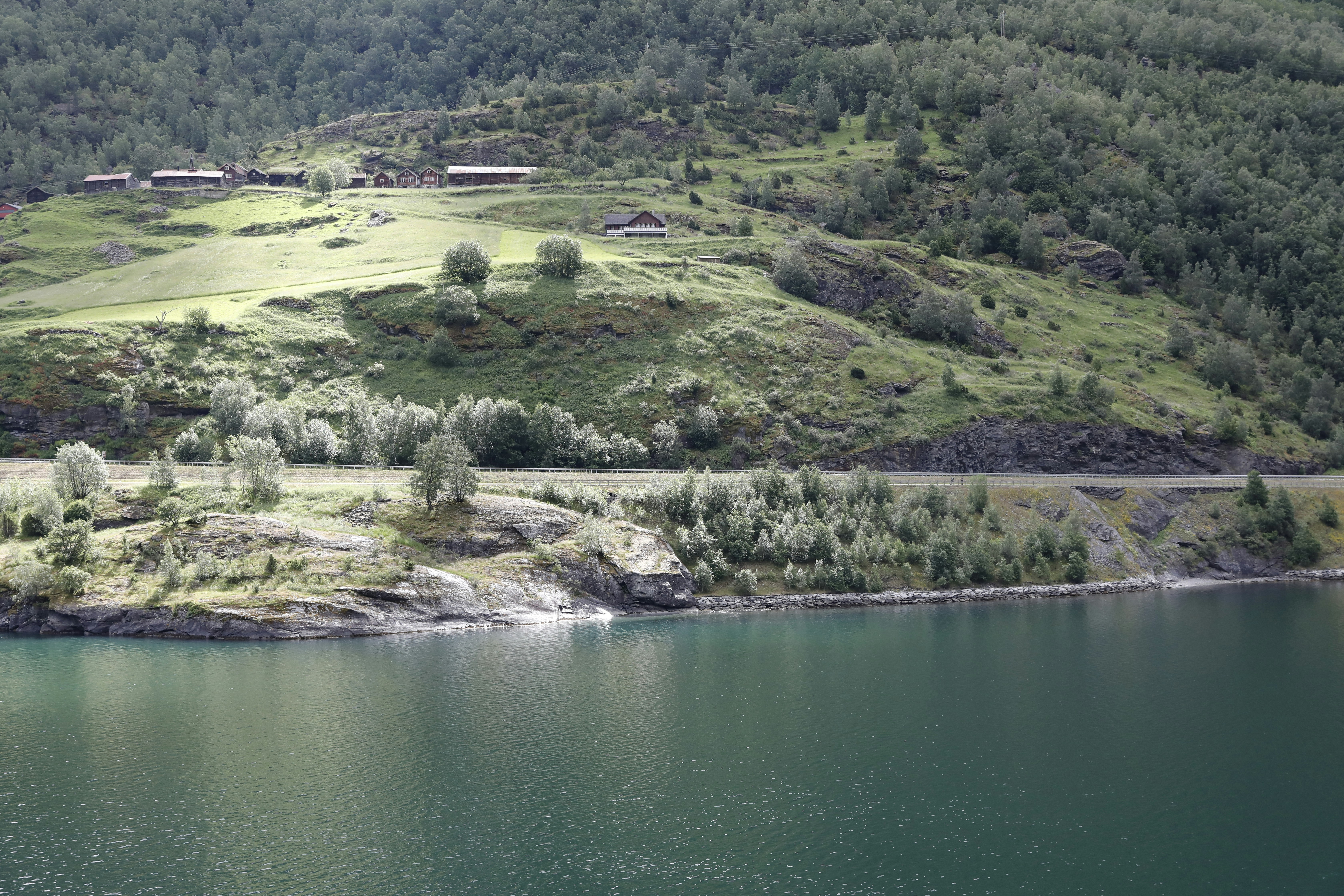 A scenic view of a lake and hillside.