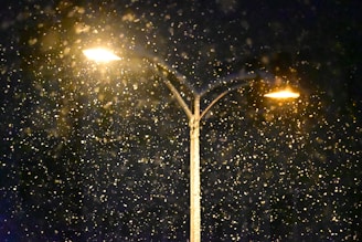 Snow falls under the light of a streetlamp.