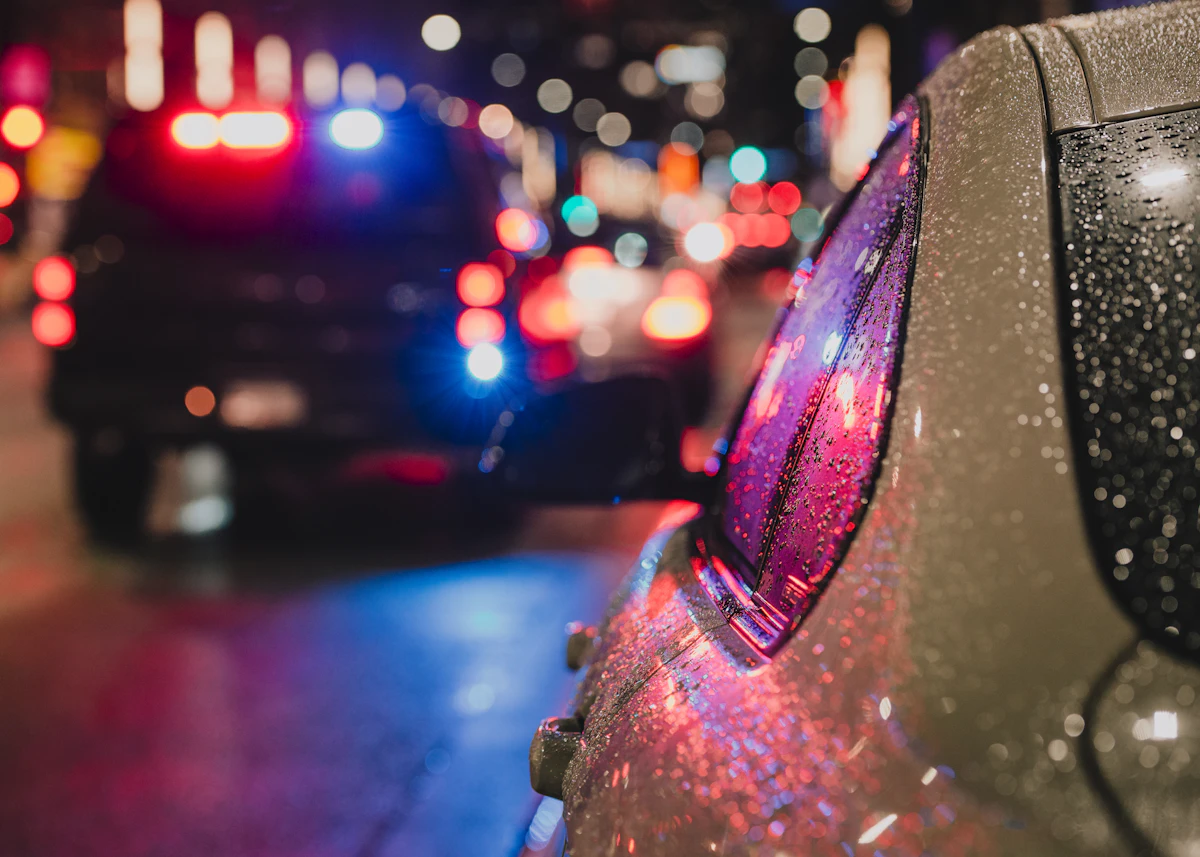 Police lights on a patrol vehicle at night