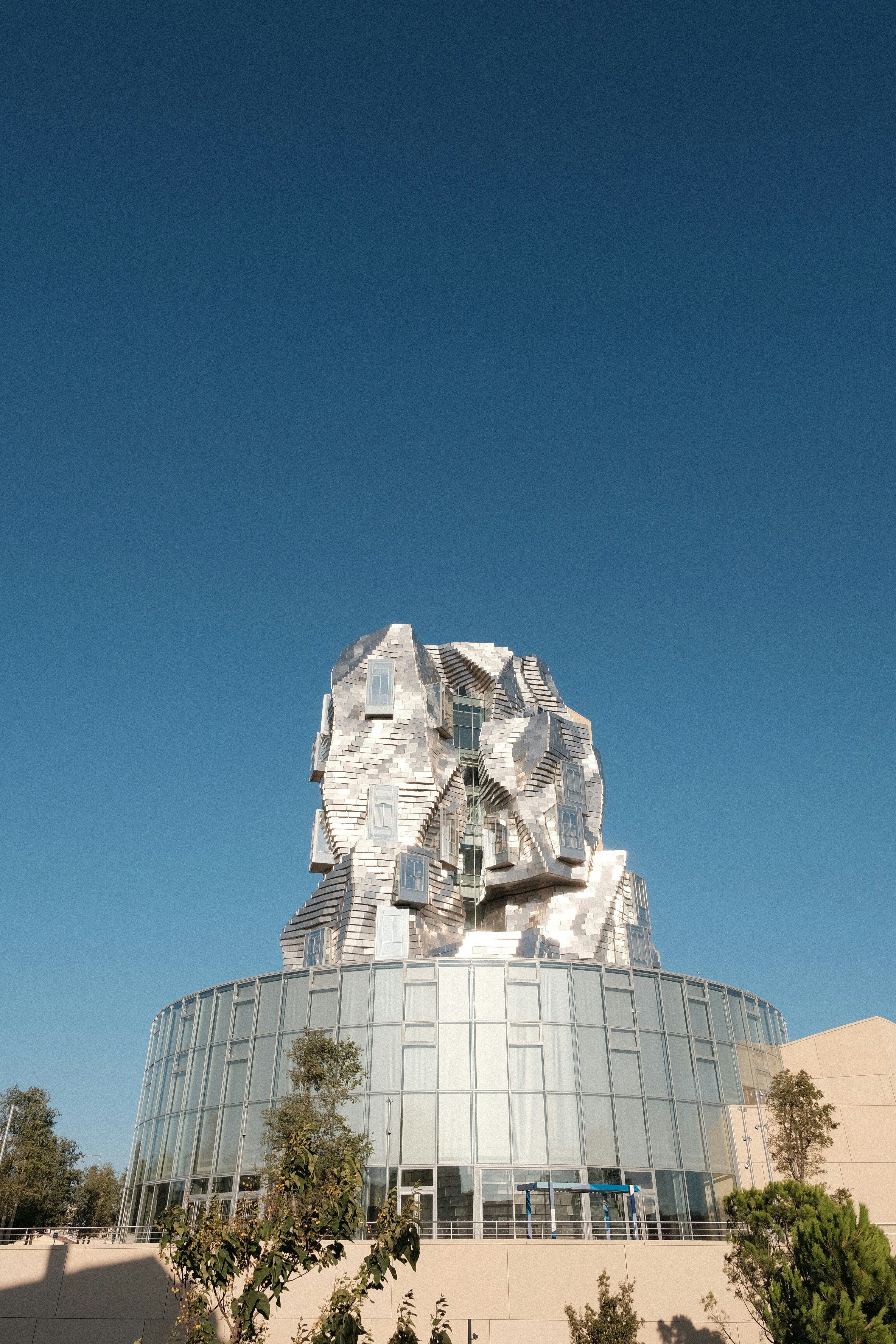 A large building with a giant face on top of it