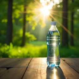 A bottle of water sitting on top of a wooden table