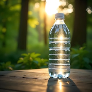 A bottle of water sitting on top of a wooden table