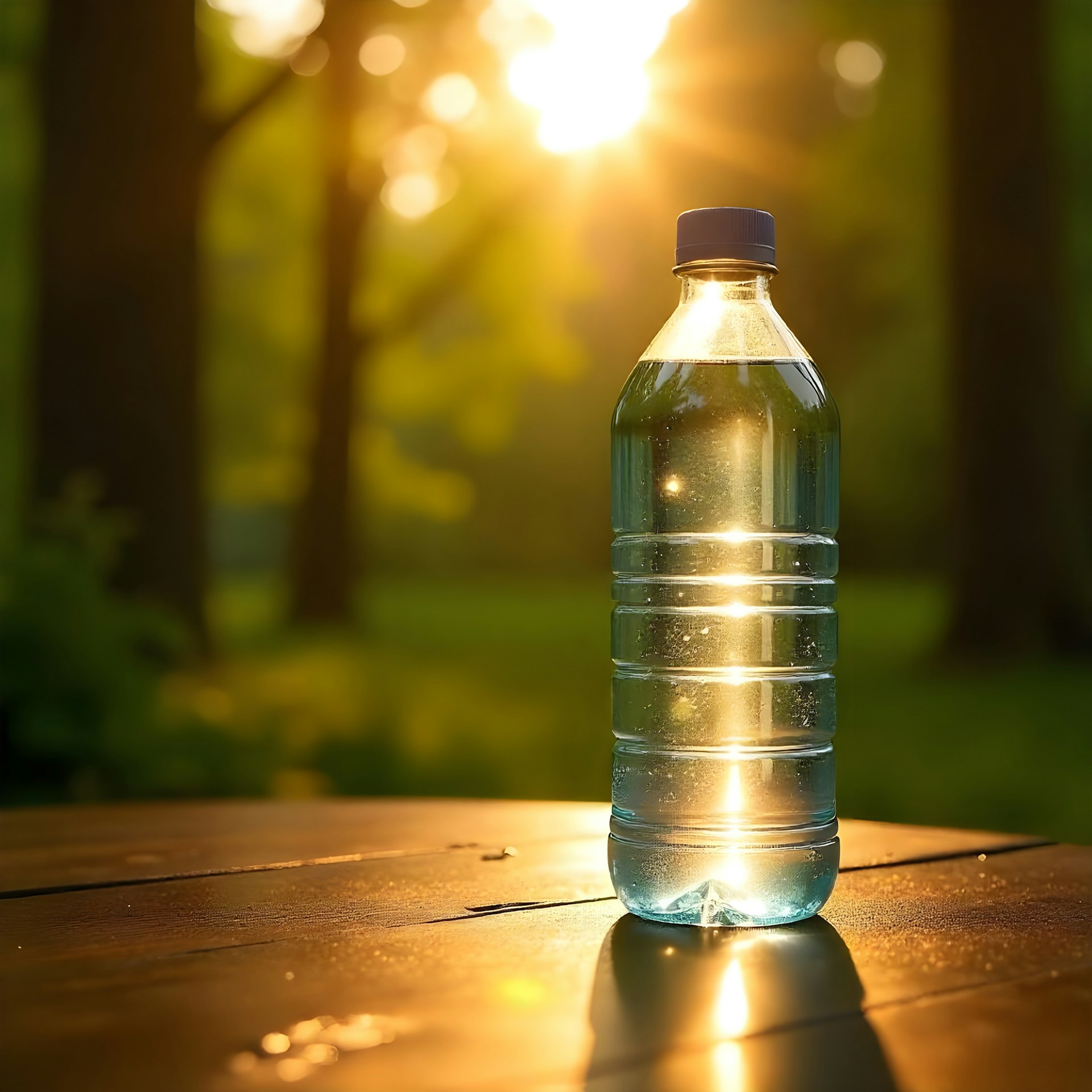A bottle of water sitting on top of a wooden table