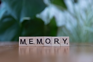 A wooden block spelling memory on a table