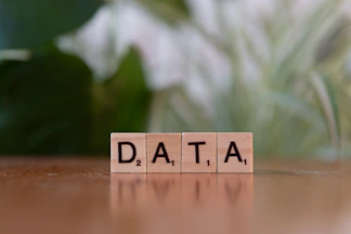 A wooden block spelling data on a table